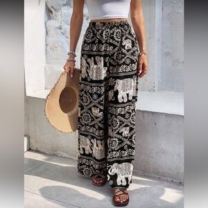 Black and White Elephant Print Wide-Leg Pants